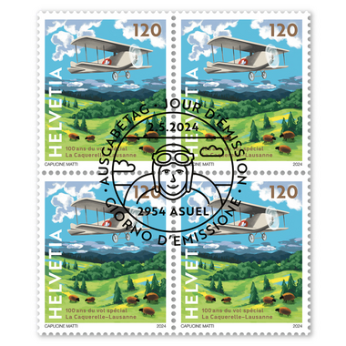 Bloc de quatre «100 ans du vol spécial La Caquerelle–Lausanne» Bloc de quatre (4 timbres, valeur d'affranchissement CHF 4.80), gommé, oblitéré