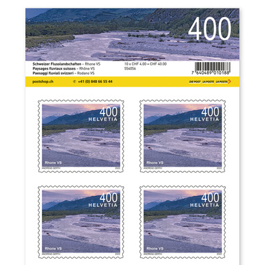 Timbres CHF 4.00 «Rhône VS», Feuille de 10 timbres Feuille «Paysages fluviaux suisses», autocollant, non oblitéré