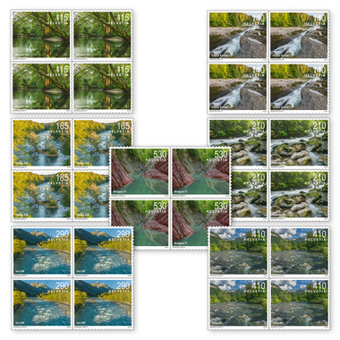 Série de blocs de quatre «Paysages fluviaux suisses» Série de blocs de quatre (28 timbres, valeur d'affranchissement CHF 75.20), autocollant, non oblitéré