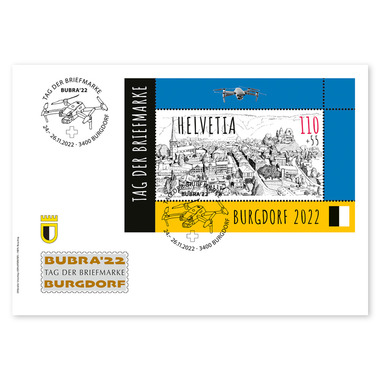 Special cover USPS «Stamp Day 2022 Burgdorf» Union of Swiss Philatelic Societies (USPS) special cover C6, franked with the miniature sheet“Stamp Day 2022 Burgdorf” and cancelled with the special cancellation «3400 Burgdorf 10.11.2022»