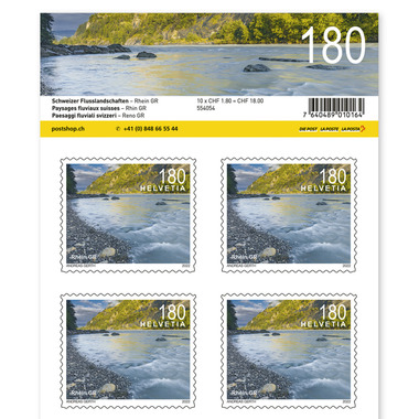 Timbres CHF 1.80 «Rhin GR», Feuille de 10 timbres Feuille «Paysages fluviaux suisses», autocollant, non oblitéré