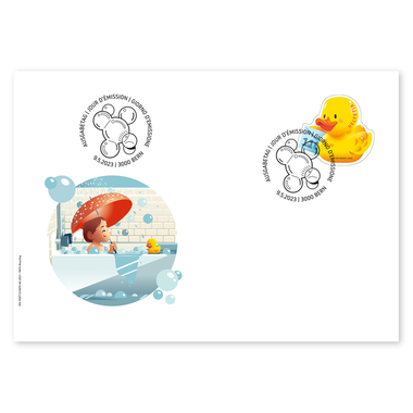 Enveloppe du jour d'émission «Canard en plastique» Timbre isolé (1 timbre, valeur d'affranchissement CHF 1.10) sur enveloppe du jour d'émission (FDC) C6