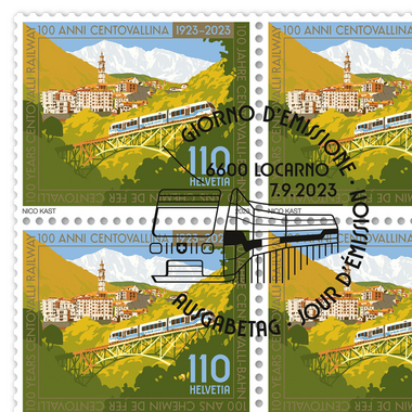 Timbres CHF 1.10 «100 ans chemin de fer Centovalli», Feuille de 20 timbres Feuille «100 ans chemin de fer Centovalli», gommé, oblitéré
