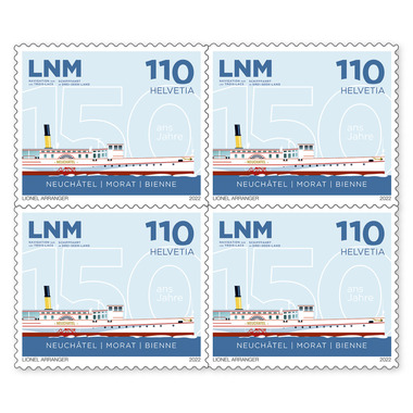 Quartina «150 anni LNM Navigazione sui Tre Laghi» Quartina (4 francobolli, valore facciale CHF 4.40), autoadesiva, senza annullo