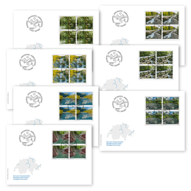Enveloppe du jour d'émission «Paysages fluviaux suisses» Blocs de quatre (28 timbres, valeur d'affranchissement CHF 75.20) sur 7 enveloppes du jour d'émission (FDC) C6
