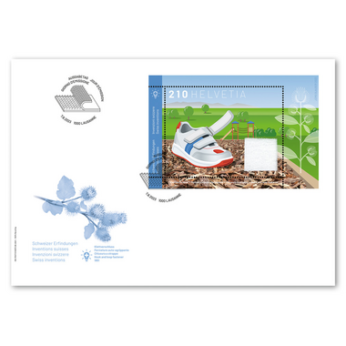 Enveloppe du jour d'émission «Inventions suisses - Fermeture auto-agrippante» Bloc spécial (1 timbre, valeur d'affranchissement CHF 2.10) sur enveloppe du jour d'émission (FDC) E6