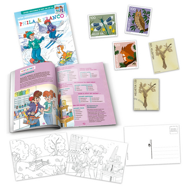 «Phila & Franco» set philatélique pour enfants, FR, 3/24 Set de 20 pages, 6 Timbres (valeur d'affranchissement CHF 5.60, 1 oblitéré, 5 non oblitérés), 3 Cartes postales