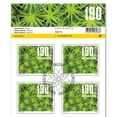 Stamps CHF 1.90 «Moss», Sheet with 10 stamps Sheet «Natural patterns», self-adhesive, cancelled