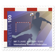 Timbre CHF 1.00 «75 ans de la Fédération internationale de handball IHF» Timbre isolé de CHF 1.00, gommé, non oblitéré